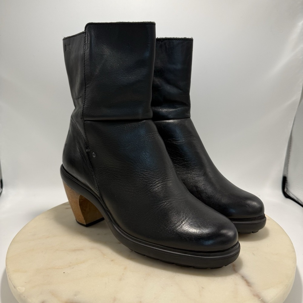 Camper Alicante Black Leather Ankle Boots Wooden Block Heel Women's 40 Booties